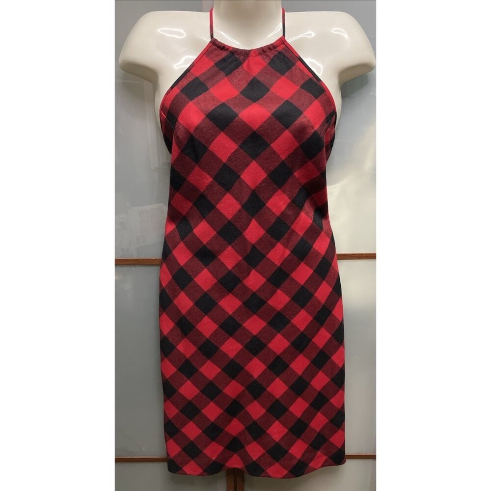 Ralph Lauren Vintage 90s Y2K Buffalo Check Plaid Red &Black Halter Dress Size 4